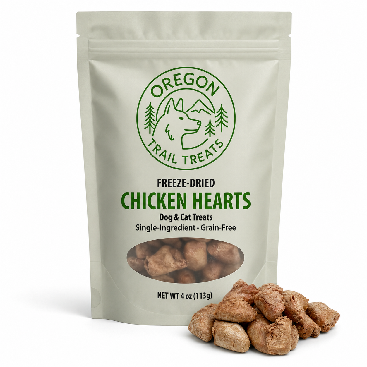 Oregon Trail Treats freeze-dried chicken hearts dog and cat treats — front of bag