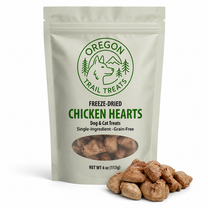 Oregon Trail Treats freeze-dried chicken hearts dog and cat treats — front of bag