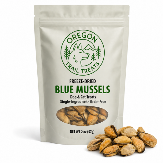 Oregon Trail Treats freeze-dried blue mussels dog and cat treats — front of bag