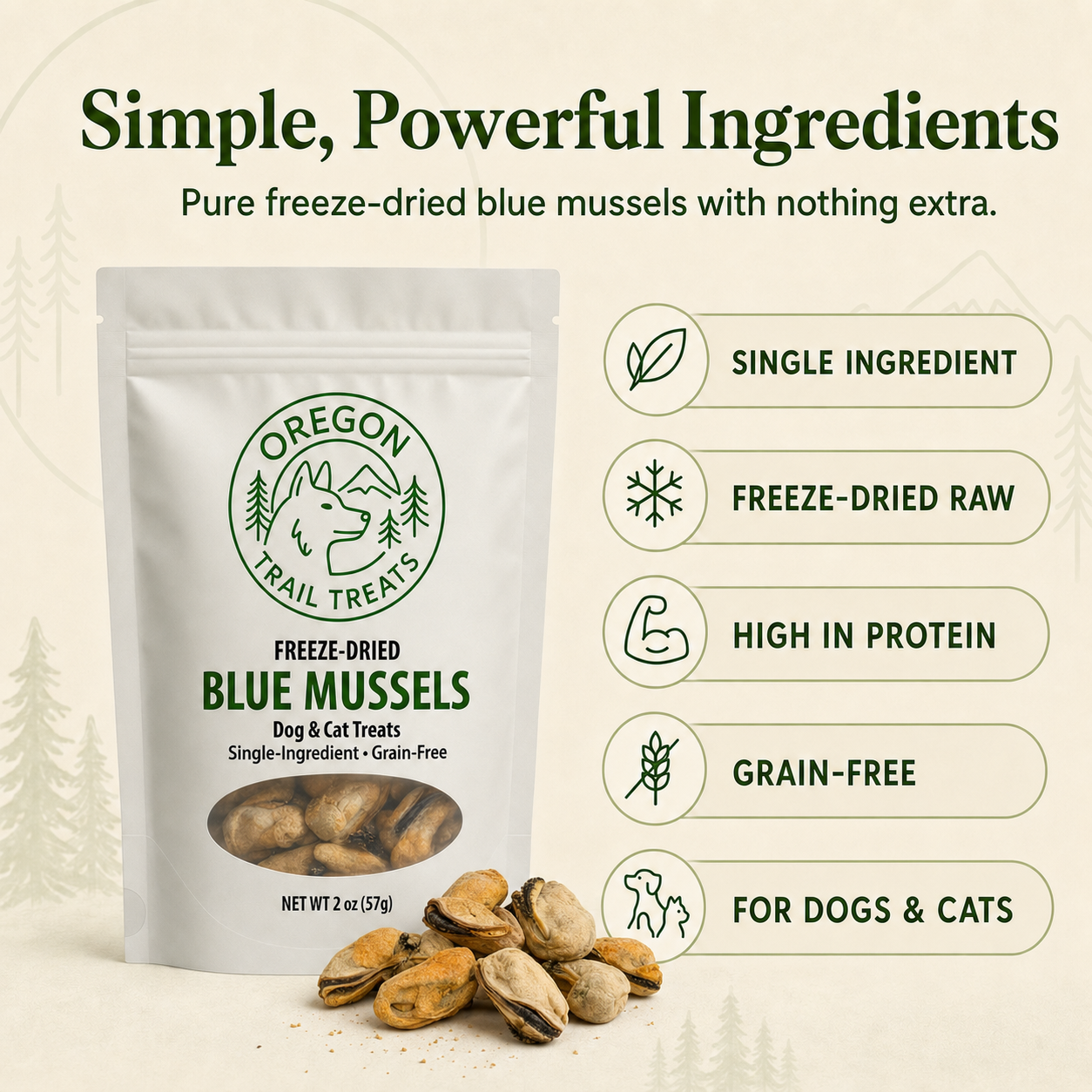 Oregon Trail Treats freeze-dried blue mussels dog and cat treats — gallery image 3