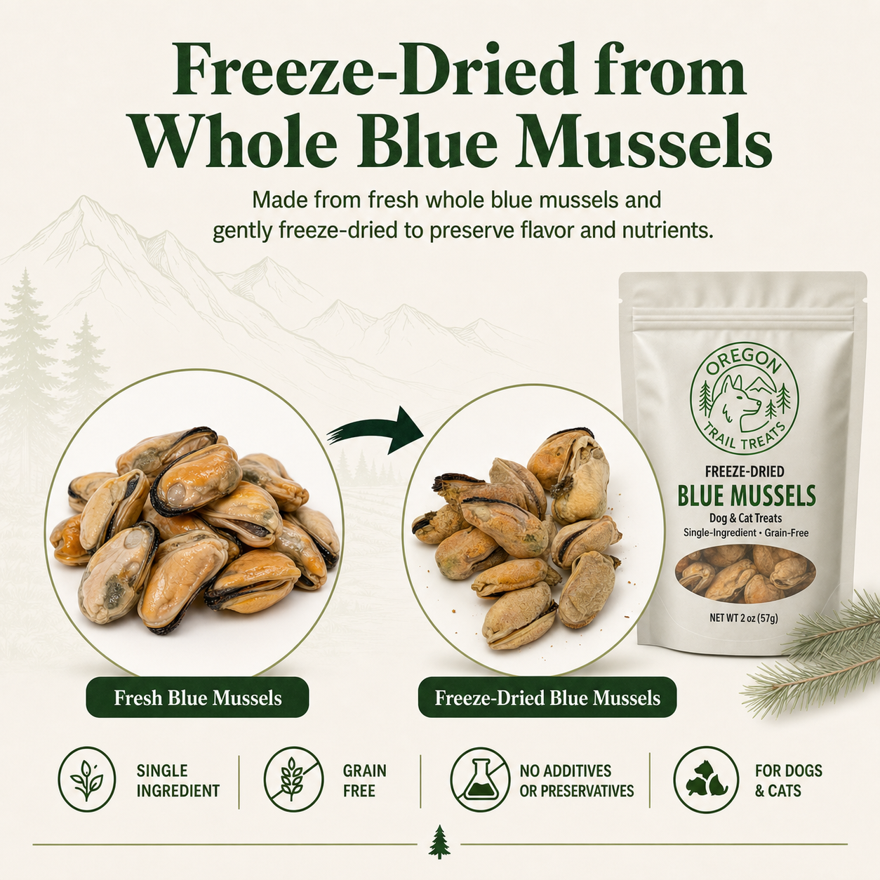 Oregon Trail Treats freeze-dried blue mussels dog and cat treats — gallery image 4