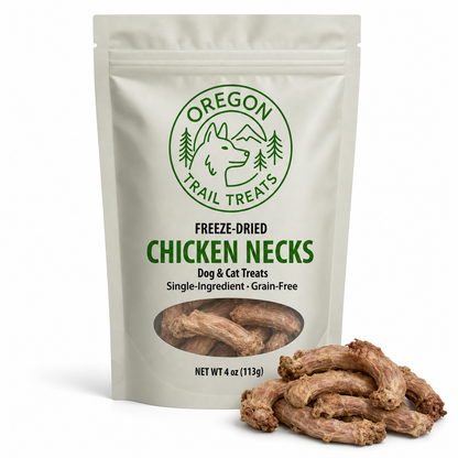 Oregon Trail Treats freeze-dried chicken necks dog and cat treats — front of bag