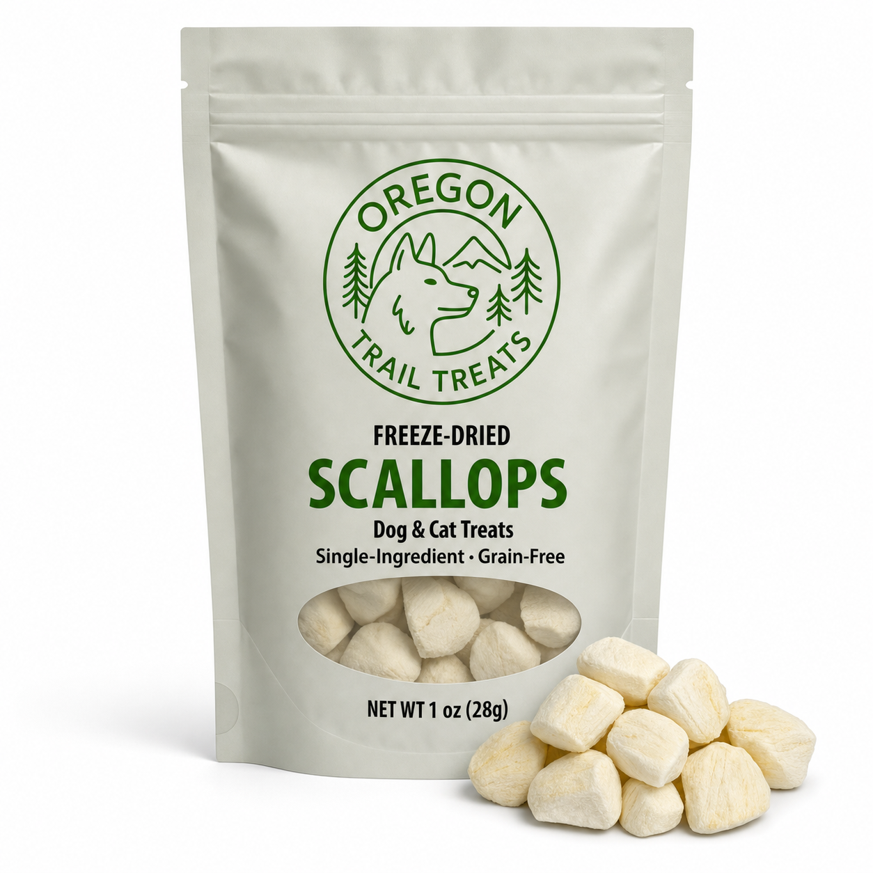 Oregon Trail Treats freeze-dried scallops dog and cat treats — front of bag
